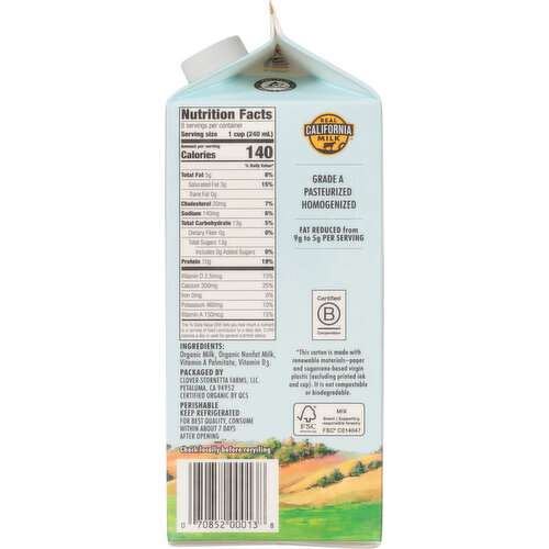 Clover Sonoma Organic 2% Milkfat Reduced Fat Milk