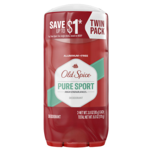 Old Spice High Endurance Deodorant for Men, Aluminum Free, Pure Sport Scent, 3.0 oz Twin Pack