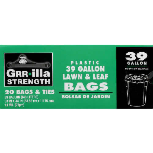 Grrilla Strength Lawn & Leaf Bags, Plastic, Bags & Ties, 39 Gallon