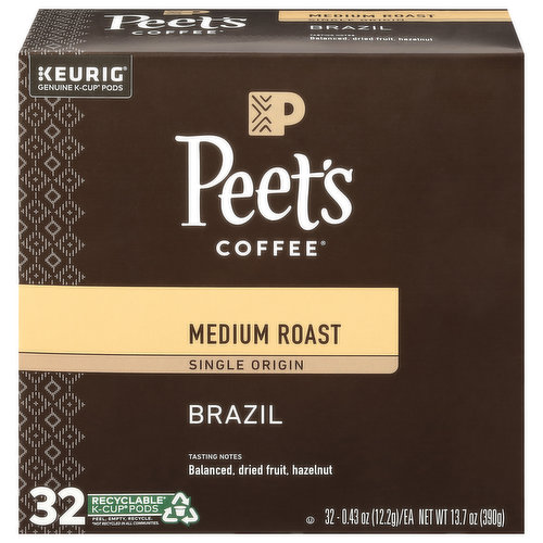 Peet's Coffee Coffee, Single Origin, Medium Roast, Brazil, K-Cup Pods