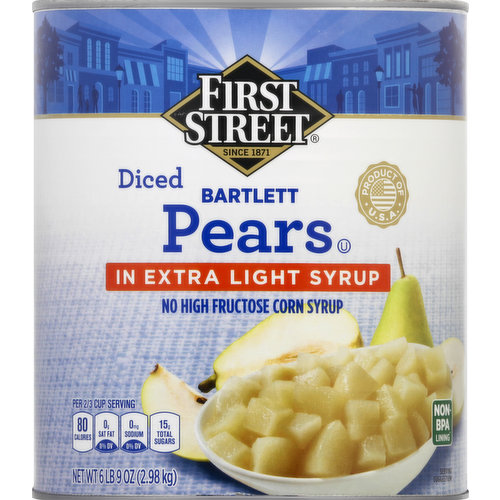 First Street Pears, in Extra Light Syrup, Bartlett, Diced