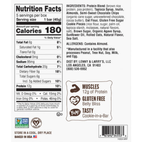 Lenny & Larry's Bar, Gluten Free, Chocolate Chip Cookie Dough