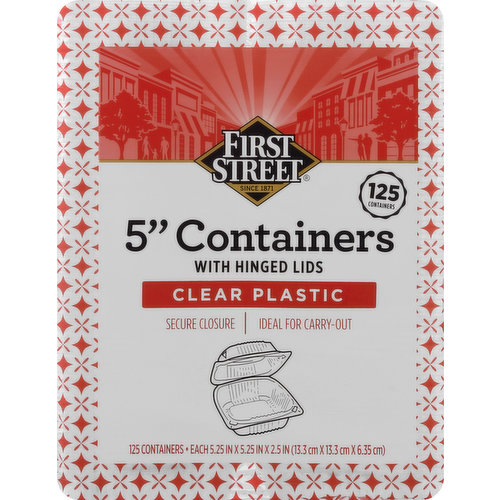 First Street Containers with Hinged Lids, Clear Plastic, 5 Inch