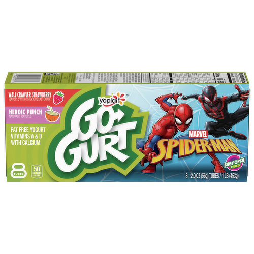 Go-Gurt Yogurt, Fat Free, Wall Crawler Strawberry/Heroic Punch, Marvel Spider Man