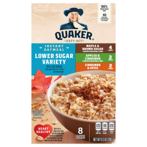 Quaker Oatmeal, Lower Sugar Variety, Maple & Brown Sugar/Apples & Cinnamon/Cinnamon & Spice, Instant