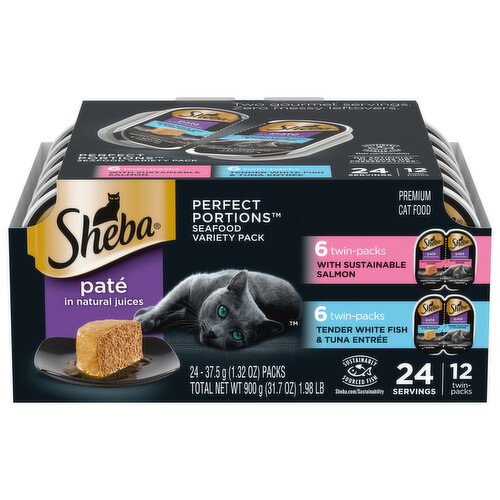 Sheba Cat Food, Pate in Natural Juices, with Sustainable Salmon/Tender White Fish & Tuna Entree, Seafood Variety Pack