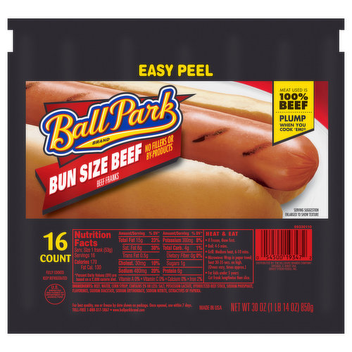 Ball Park Ball Park Bun Length Hot Dogs, Beef, 16 Count
