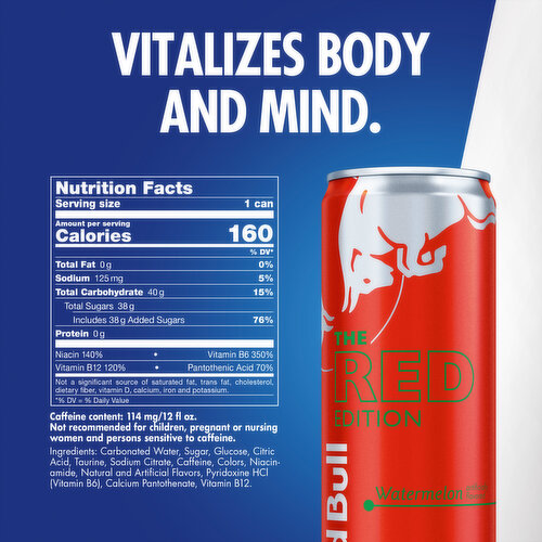 Red Bull Red Edition Energy Drink, Watermelon, with 114mg Caffeine plus Taurine & B Vitamins, 12 Fl Oz