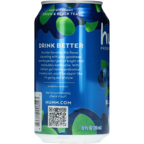 Humm Probiotic Less Sugar Blueberry Mint Kombucha