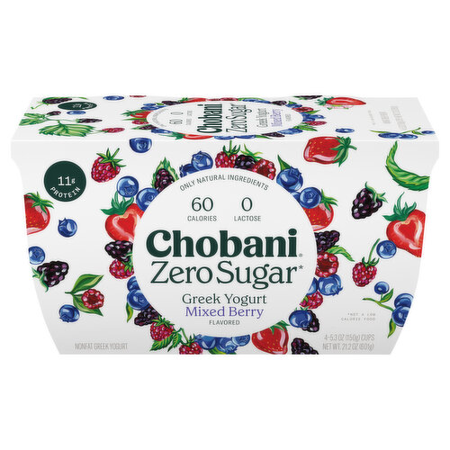 Chobani Yogurt, Greek, Nonfat, Zero Sugar, Mixed Berry Flavored