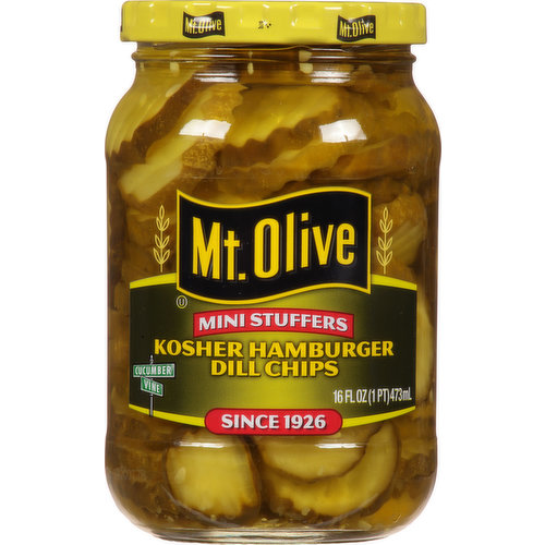 Mt Olive Pickles, Kosher Hamburger Dill Chips, Mini Stuffers