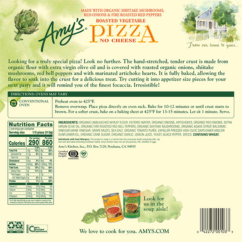 Amy's Pizza, Roasted Vegetable, No Cheese, Hand-Stretched Crust