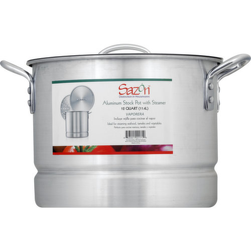 Sazon Stock Pot, with Steamer, Aluminum, 12 Quart