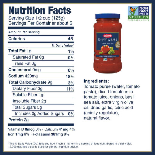 Barilla Pasta Sauce Tomato & Basil - No Added Sugar - No Artificial Colors, Flavors or Preservatives - Non-GMO, Gluten Free, Kosher