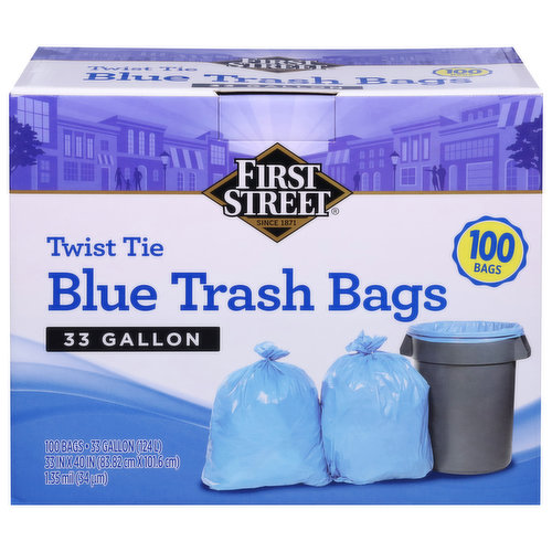 First Street Blue Trash Bags, Twist Tie, 33 Gallon