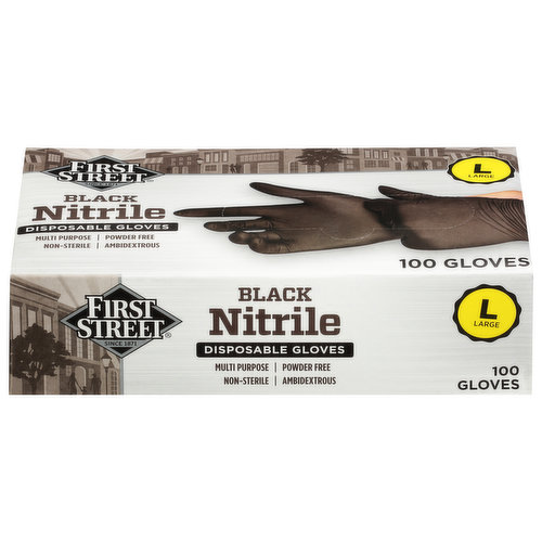 First Street Disposable Gloves, Black Nitrile, Large