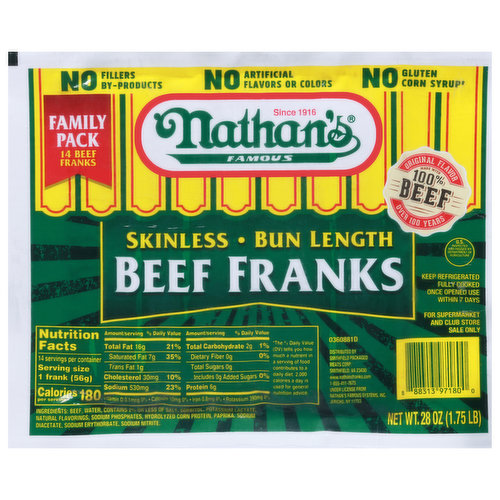 Nathan's Famous Beef Franks, Skinless, Bun Length, Family Pack