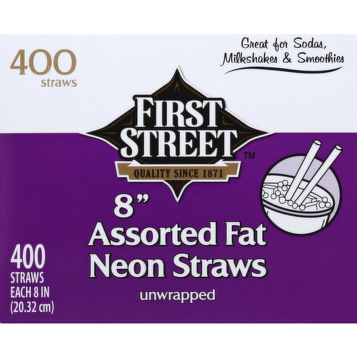First Street Straws, Assorted, Fat, Neon, Unwrapped