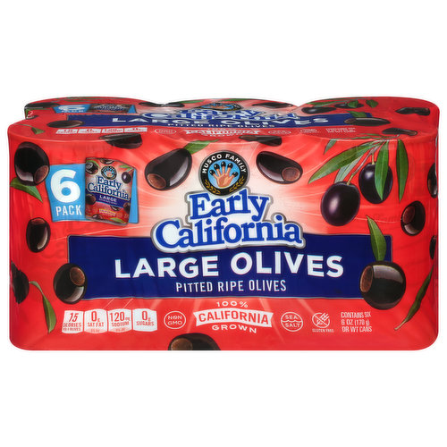 Early California Olives, Pitted Ripe, Large, 6 Pack
