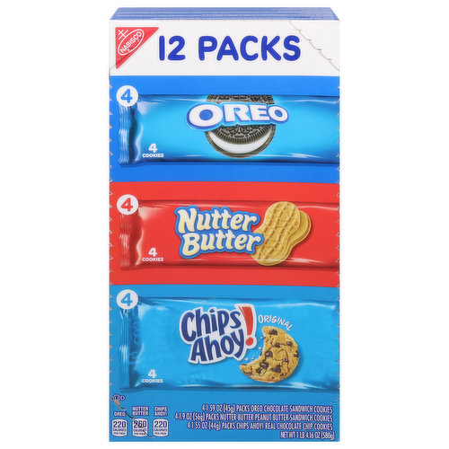 Nabisco Sandwich Cookies, Oreo/Nutter Butter/Chipss Ahoy!, 12 Pack