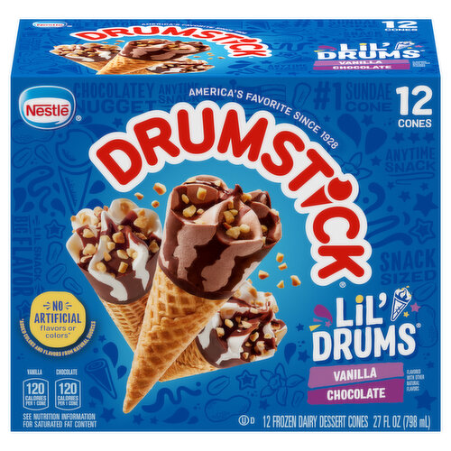 Drumstick Drumstick Lil' Drums Vanilla and Chocolate with Chocolatey Swirls Cones, 12 Count