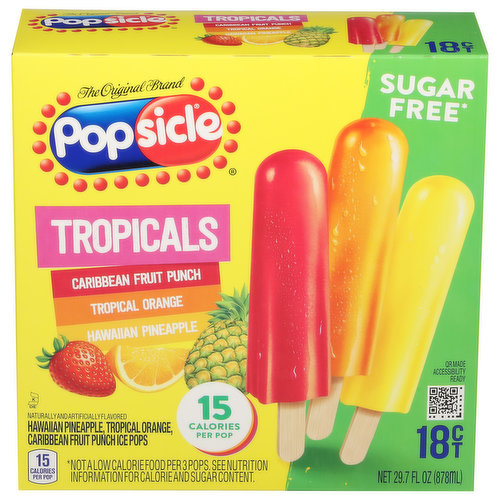 Popsicle Ice Pops, Sugar Free, Tropicals, 18 Pack