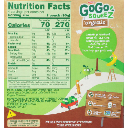 GoGo Squeez Apple Sauce, Organic, Fruit On The Go, Apple Cinnamon, 4 Pack