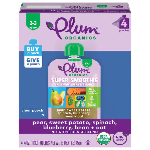 Plum Organics Super Smoothie Nutrient-Dense Blend Pear, Sweet Potato, Spinach, Blueberry, Bean & Oat 4oz Pouch-4-Pack