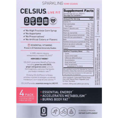 Celsius Energy Drink, Kiwi Guava, Sparkling, 4 Pack