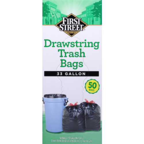 First Street Trash Bags, Drawstring, 33 Gallon