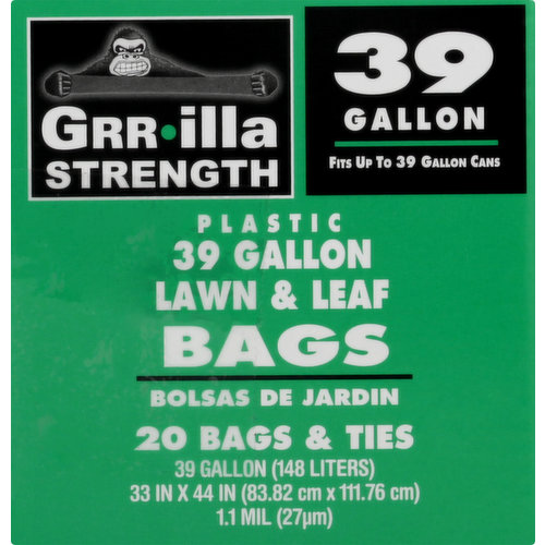 Grrilla Strength Lawn & Leaf Bags, Plastic, Bags & Ties, 39 Gallon