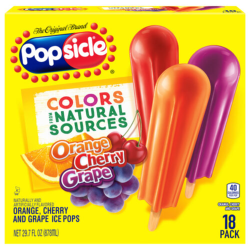 Popsicle Ice Pops, Orange/Cherry/Grape, 18 Pack