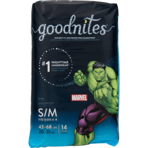 GoodNites Underwear, Nighttime, S/M (43-68 lbs), Marvel