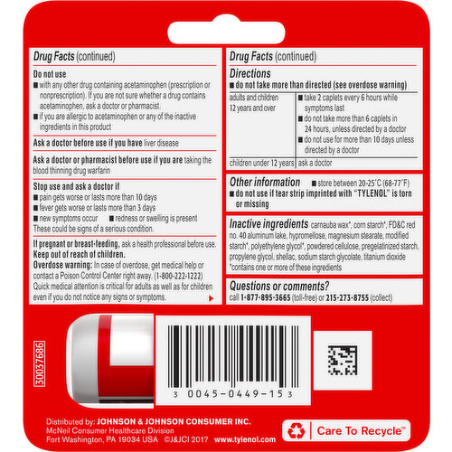 Tylenol Caplets for Adults Extra Strength 500 mg Pain Reliever/Fever Reducer