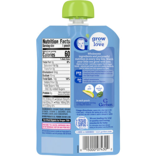 Gerber Puree, Pear Spinach, Sitter 2nd Foods