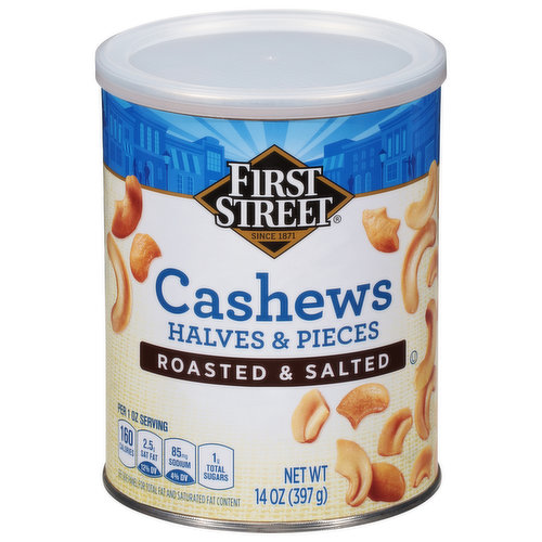 First Street Cashews, Roasted Salted, Halves & Pieces