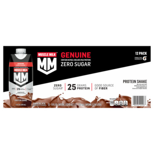 Muscle Milk Protein Shake, Zero Sugar, Chocolate, Genuine, 12 Pack