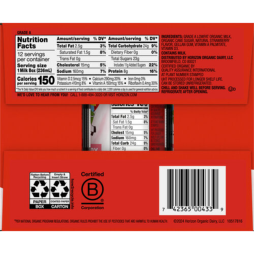Horizon Organic Milk, Strawberry, Lowfat, Organic