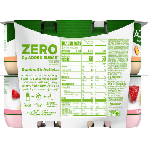 Activia Yogurt, Strawberry Banana/Peach, Non Fat, Zero Added Sugar