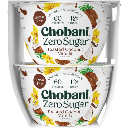 Chobani Yogurt, Greek, Nonfat, Zero Sugar, Toasted Coconut Vanilla Flavored