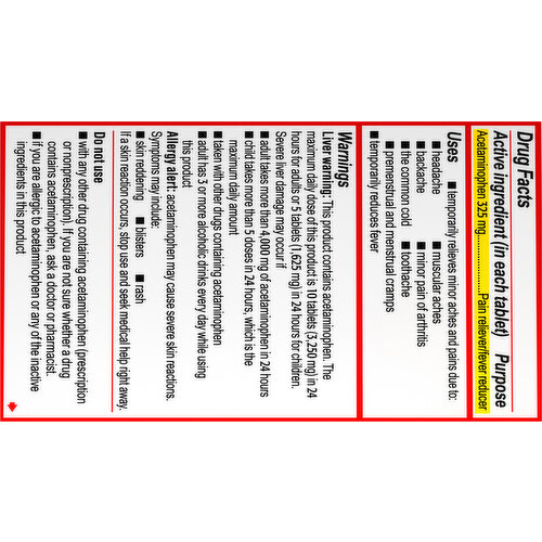 Tylenol Pain Reliever/Fever Reducer, Regular Strength, 325 mg, Tablets