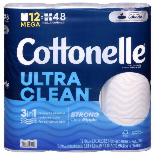 Cottonelle Toilet Paper, 3 in 1, Mega, 1-Ply