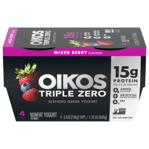 Oikos Yogurt, Greek, Mixed Berry Flavored, Blended, 4 Pack