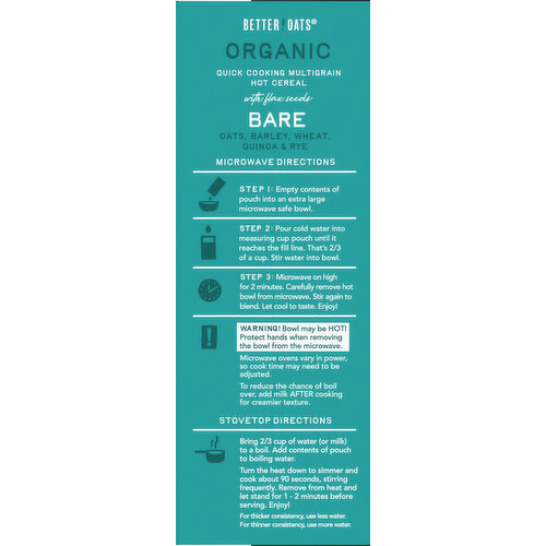 Better Oats Hot Cereal, with Flax Seeds, Organic, Bare