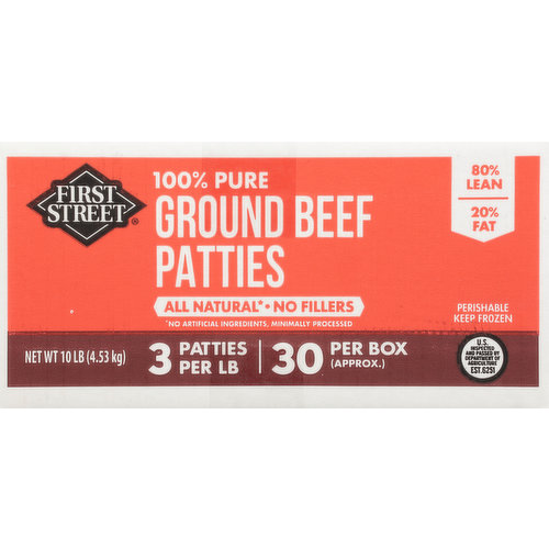 First Street Ground Beef Patties, 100% Pure, 80%/20%