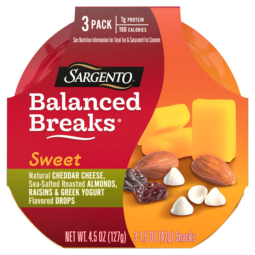 Sargento Balanced Breaks, Sweet, Cheddar/Almonds/Raisins/Yogurt Drops, 3 Pack