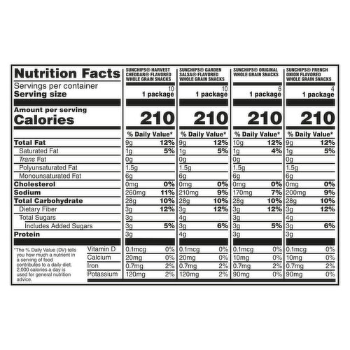 SunChips Harvest Cheddar/Garden Salsa/Original/French Onion Flavored Whole Grain Snacks