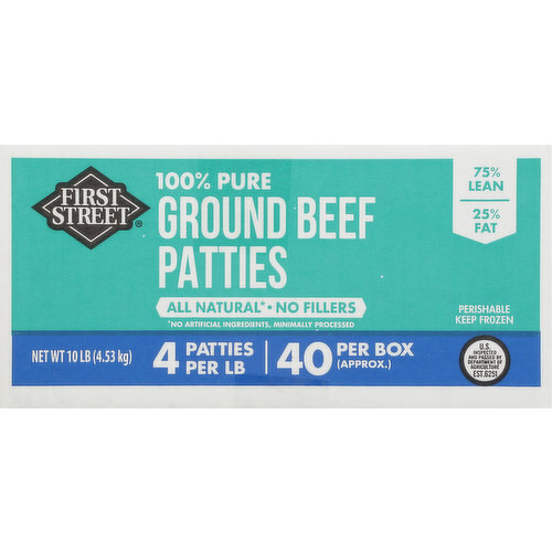 First Street Ground Beef Patties, 100% Pure, 75%/25%