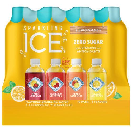 Sparkling Ice Sparkling Water, Flavored, Zero Sugar, Assorted, Lemonades, 12 Pack