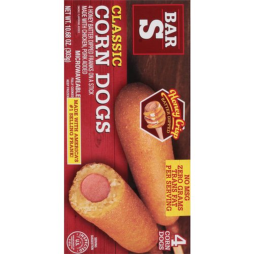Microwavable corn dogs,Bar S honey crips batter dipped corn dogs,classic